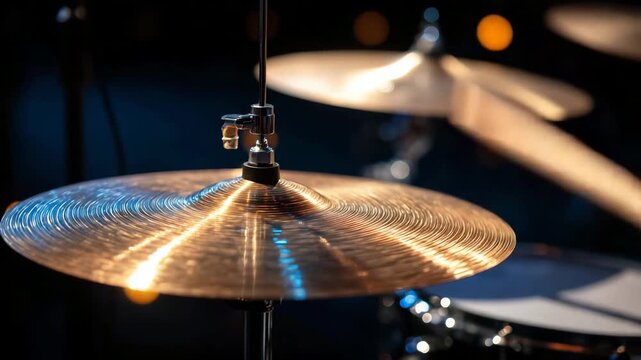 15Macro close-up of a drum set cymbal, hammered metal texture and circular grooves visible, dramatic lighting capturing rhythm and percussion energy