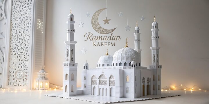 Elegant ramadan decoration featuring a mosque model with intricate details and festive lights.