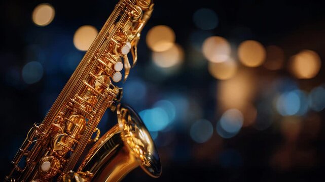 16Close-up of a saxophone body and keys, golden brass surface gleaming, intricate mechanical keys and pads emphasized with shallow depth of field