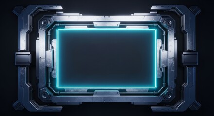 Futuristic SciFi Display Screen With Blue Neon Light In Dark Room