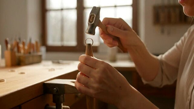 Jeweler uses hammer and tools to craft a handmade ring in a sunlit workshop environment.
