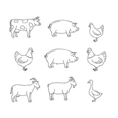 Handdrawn farm animals collection in simple line art style