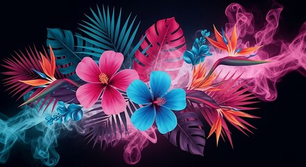 Naklejka premium Vibrant tropical floral arrangement featuring exotic blooms and lush foliage surrounded by colored mist