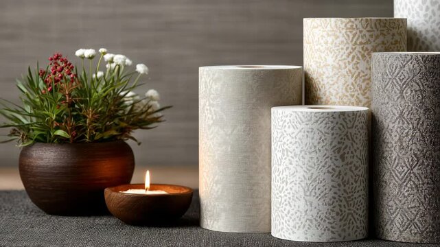 133Close-up interior design scene displaying multiple rolls of patterned wallpaper standing upright, intricate geometric and floral motifs visible on textured surfaces, soft studio li