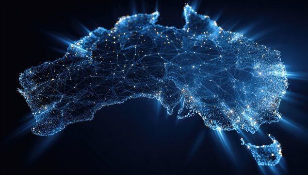 Glowing digital outline of a continent in blue, connected by lines and radiating light