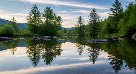 Tranquil river scene with forest and mountain reflections in water