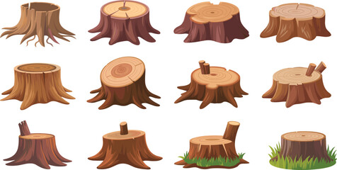Collection of tree stump illustrations in different shapes and styles, wooden cut logs, nature elements, forest, cartoon flat design set © Mst