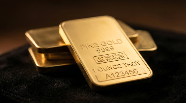 Close up two fine gold bullion bars one-ounce 9999 purity on dark background. Banner for investment in precious metals as safe haven asset. Asset management and finance, banking services and profit.