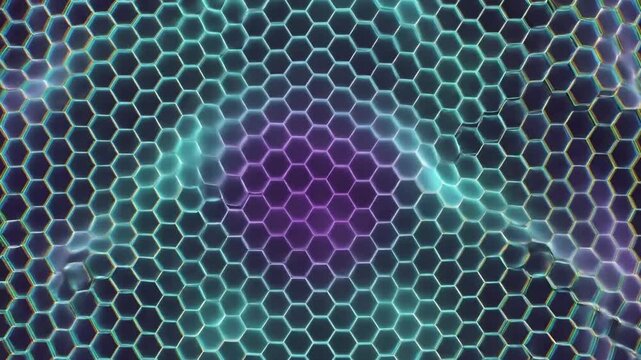 Abstract hexagonal grid pattern with a vibrant gradient of turquoise and purple hues creating a futuristic and dynamic background for technology or science concepts