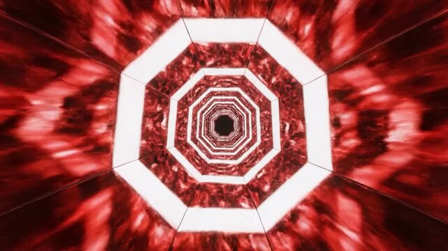 Abstract octagonal tunnel with glowing red and white patterns creating