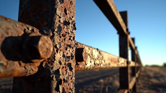Extreme close-up of weathered rusted metal railing along a sunlit rural fence line