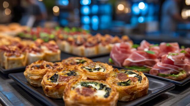 172High-end catering buffet scene showcasing gourmet appetizers, crisp puff pastry sausage rolls, neatly stacked mini sandwiches, bite-sized quiches with browned edges, and silky pros