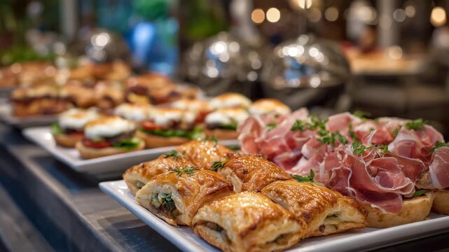 171Luxurious close-up view of an assorted gourmet finger food spread featuring golden sausage rolls in flaky puff pastry, elegant mini sandwiches layered with fresh ingredients, savor