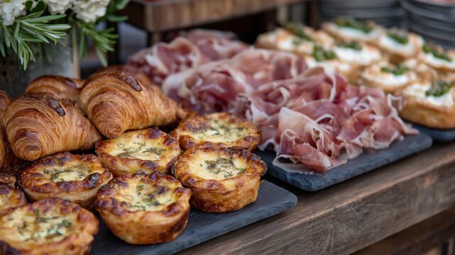 175Photorealistic close-up of a party snack assortment with puff pastry sausage rolls glistening under studio light, artisan mini sandwiches, savory quiche bites, and thinly sliced pr