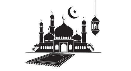 Islamic mosque with crescent moon and prayer mat illustration