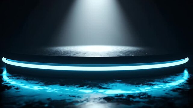 Futuristic circular stage illuminated by blue neon ring lights over a reflective water surface under a single spotlight in darkness
