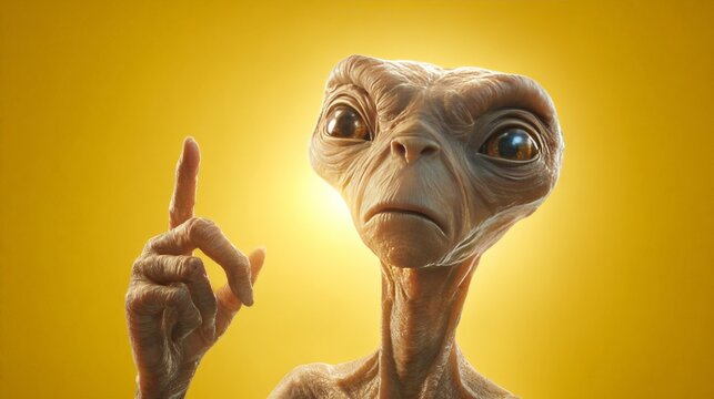 Iconic extraterrestrial with finger raised on yellow background