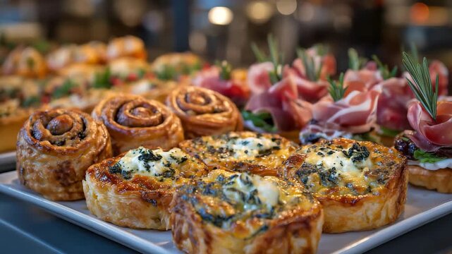 185Ultra-detailed close-up of a catered appetizer selection, highlighting textures of flaky pastry sausage rolls, fresh mini sandwiches, creamy quiche bites, and thinly sliced prosciu