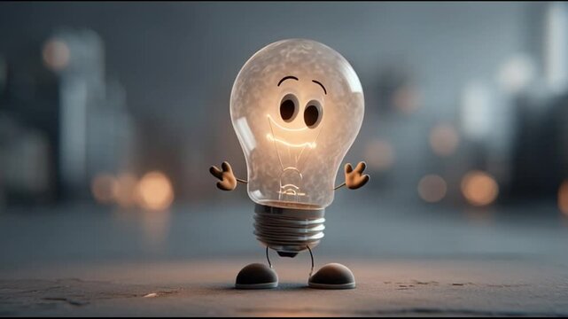 A cheerful cartoon lightbulb character with a smiling face and outstretched arms standing on a wooden surface with a blurred background of warm lights on April Fool's Day with cinematic