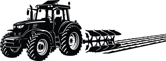 Modern farm tractor plowing field silhouette, agricultural machinery cultivating soil with multi blade plow creating furrows across farmland © Ashadujjaman