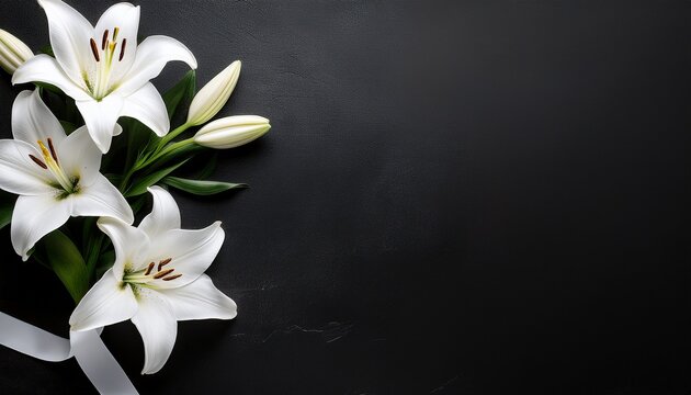 white lilies and ribbon on black table flat lay with space for text funeral symbols funeral flowers grief death loss ceremony floral sadness cemetery mourning dead