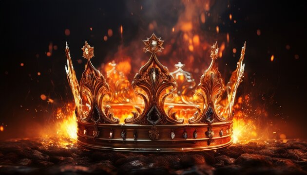 fiery king crown burning in fire glowing rise and fall of a medieval empire medieval king queen prince princess knight concept
