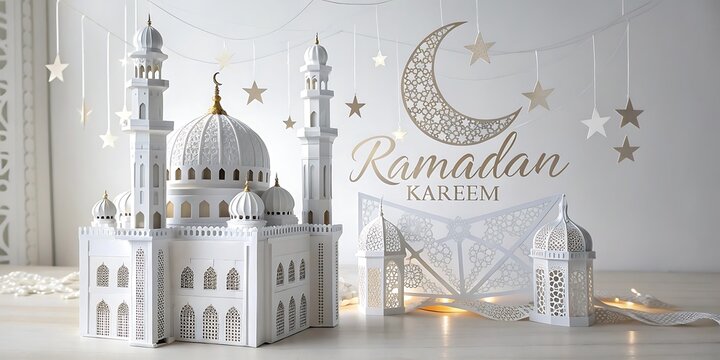 Beautiful ramadan decoration with mosque model and crescent moon creating a peaceful atmosphere