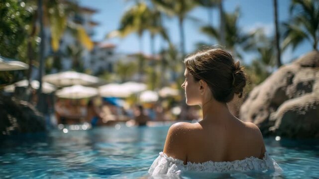 219Elegant back-view shot of a woman relaxing in a pool, crystal-clear water with soft reflections, other resort guests visible in background, palm trees, sunbeds, and umbrellas frami