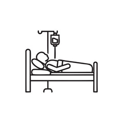 Line art illustration of a patient in hospital bed with iv drip
