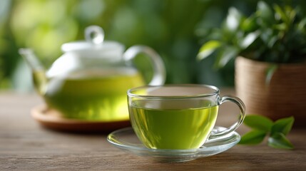 Refreshing green tea in glass cup with teapot and plant background