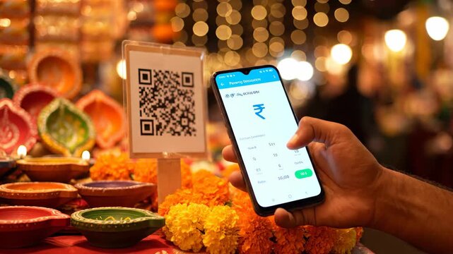 Man using a mobile phone to scan a QR code for a digital payment during a festival with decorative diya lamp and flower arrangements.