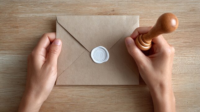 Female hands sealing envelope with wax stamp on wooden table