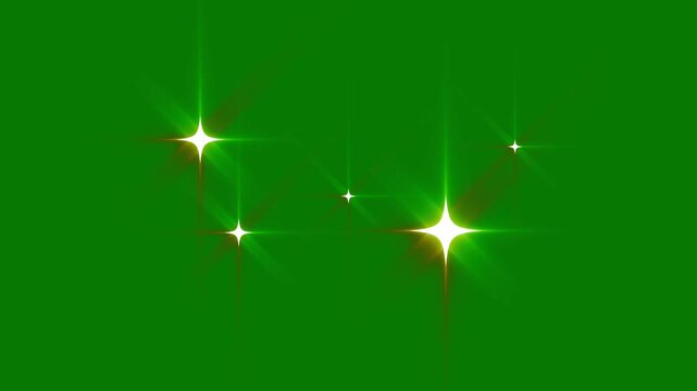 Twinkle sparkle animation, glowing white stars, flat vector doodle glitter style, retro blinking light burst, green screen alpha background, clean 4k loop