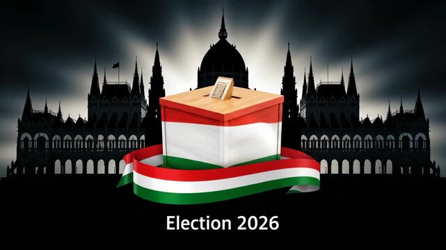 Wooden ballot box transforming into Hungarian flag design for the election 2026. National parliamentary building silhouette in Budapest.