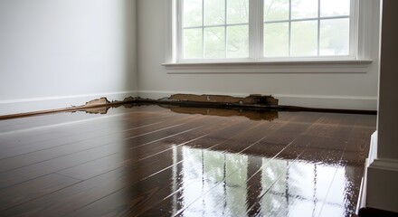 Water Damaged Corner of Room with Torn Baseboard and Reflective Wood Floors