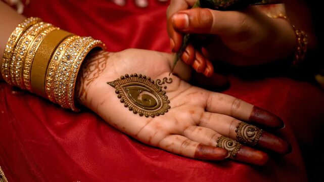 Woman applying henna paste to her hand for a temporary tattoo. Traditional indian bridal art and festive body adornment design for celebration.