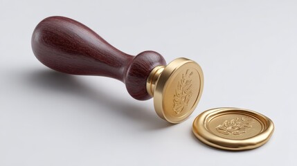 Wooden wax seal with golden stamp design on light background