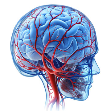 Anatomical illustration of the human brain with a focus on its intricate network of blood vessels and arteries