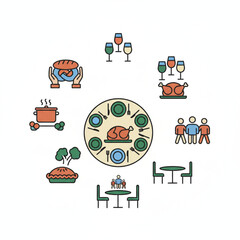 A Thanksgiving dinner iconsheet with family gathering for a feast, turkey, pie, and side dishes