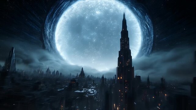 Futuristic City with Massive Glowing Portal in the Sky
