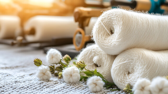 Soft cotton yarn rolls are arranged beautifully with delicate flowers, showcasing sustainable manufacturing in textile production
