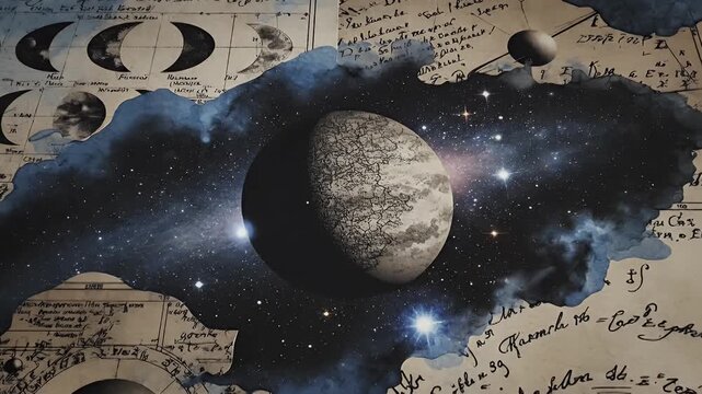 Intricate Space-Themed Collage of Celestial Diagrams and Planetary Imagery Textures