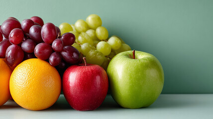 Assorted fresh fruits including apples and grapes on tabletop