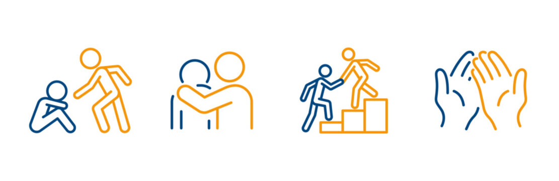 set icon of mentoring help, support employee work, outstretched hands, hug friendship, help partnership icons, line vectors on white