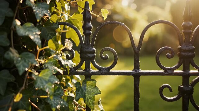 Intricately patterned black wrought iron gate with ivy vines and sunlit garden backdrop