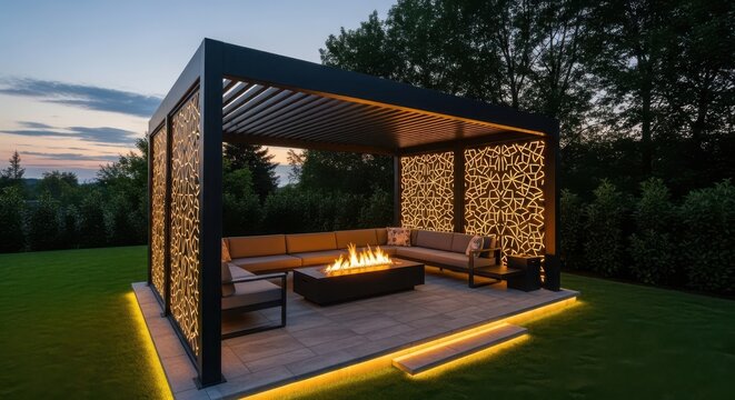 Modern patio pergola with outdoor fireplace and illuminated screens