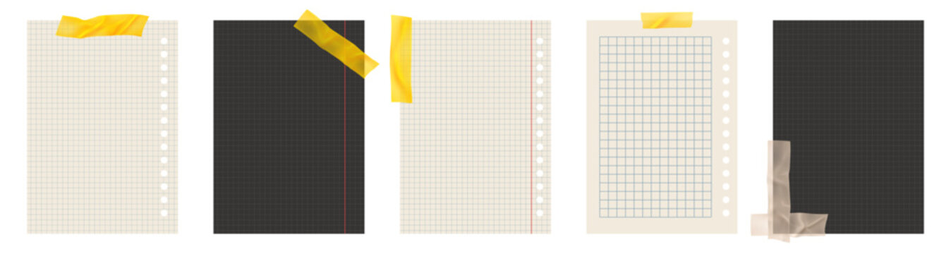 Copybook Notebook Notepad Paper with Washi Tape Strip Grid Lined Squared Plan Page Paper Vector Note Set