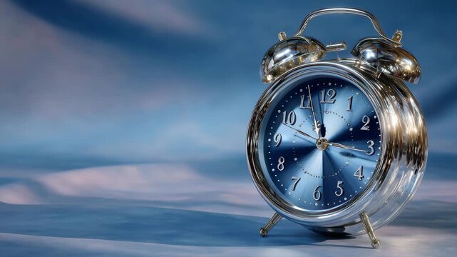 A classic alarm clock with bells on a solid soft blue background, subtle shadow for dimension, high-detail metallic surfaces