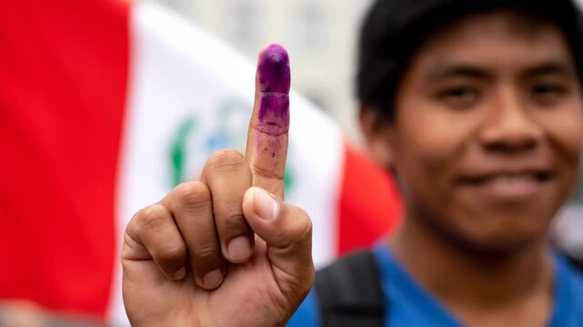 Peruvian man showing an index finger with indelible ink on an election day. Voting process and democracy concept.