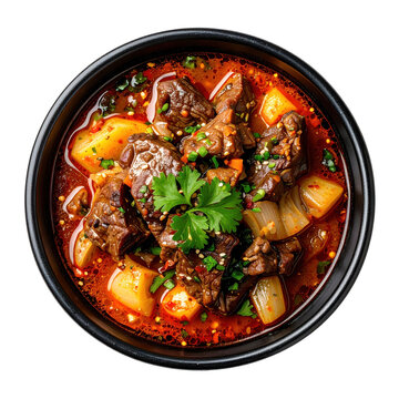 Traditional uighur lagman featuring savory beef and hand-stretched noodles, served on a dark plate, isolated on a white background